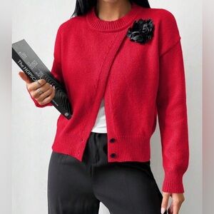 Shein Red Knit Cardigan with Black Flower Accent – Size M Office Church Party